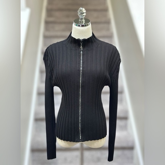 Vintage Y2K Belldini Black Ribbed Rhinestone Long Sleeve Zip Sweater Women’s XL - Picture 1 of 16